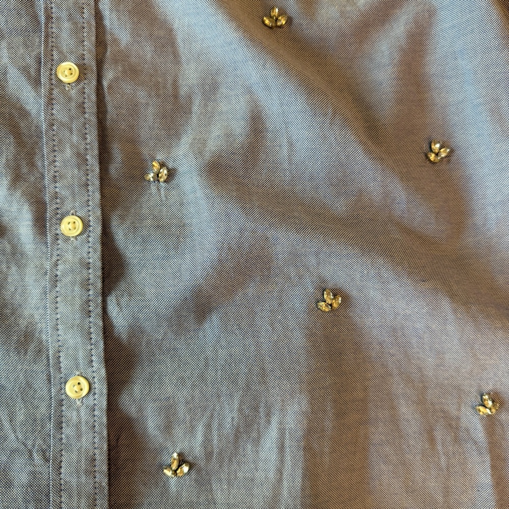 Talbots Blue Fleur De Lis Oxford Button-Up Shirt with Rhinestones Size 14 - Picture 4 of 7